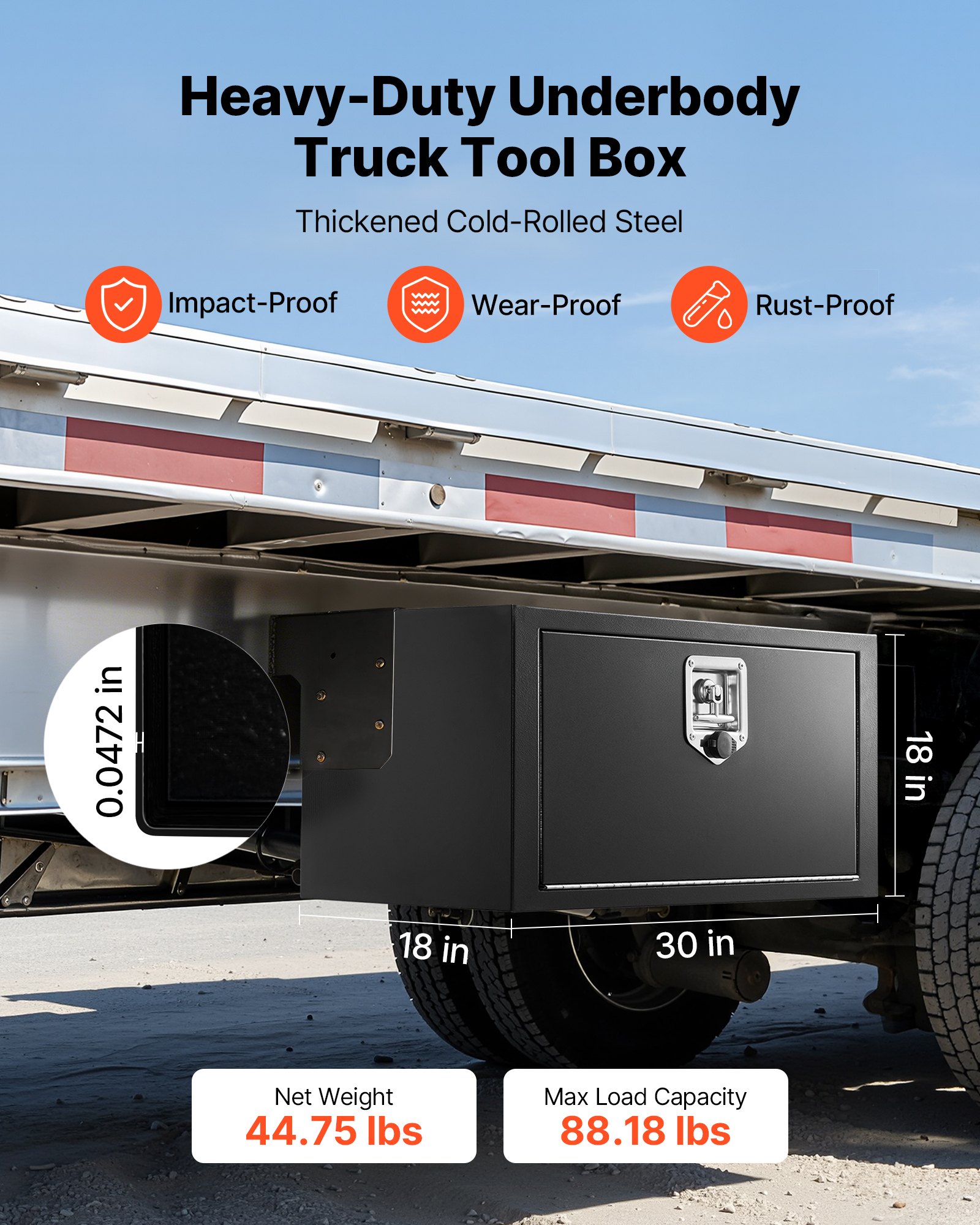 VEVOR Caja de Almacenaje para Camión 762x457x457 mm, Caja de Herramientas de Acero con Cerradura y Llaves, para Debajo de Carrocería del Camión, con Asa en T para Furgoneta, SUV, Camioneta, Negro