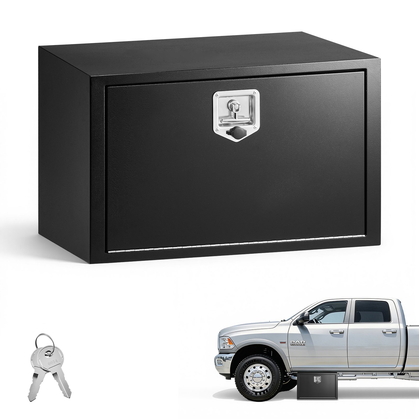 VEVOR Caja de Almacenaje para Camión 762x457x457 mm, Caja de Herramientas de Acero con Cerradura y Llaves, para Debajo de Carrocería del Camión, con Asa en T para Furgoneta, SUV, Camioneta, Negro