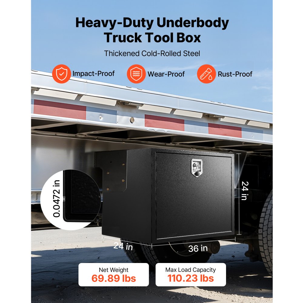VEVOR Caja de Almacenaje para Camión 914x609x609 mm, Caja de Herramientas de Acero con Cerradura y Llaves, para Debajo de Carrocería del Camión, con Asa en T para Furgoneta, SUV, Camioneta, Negro