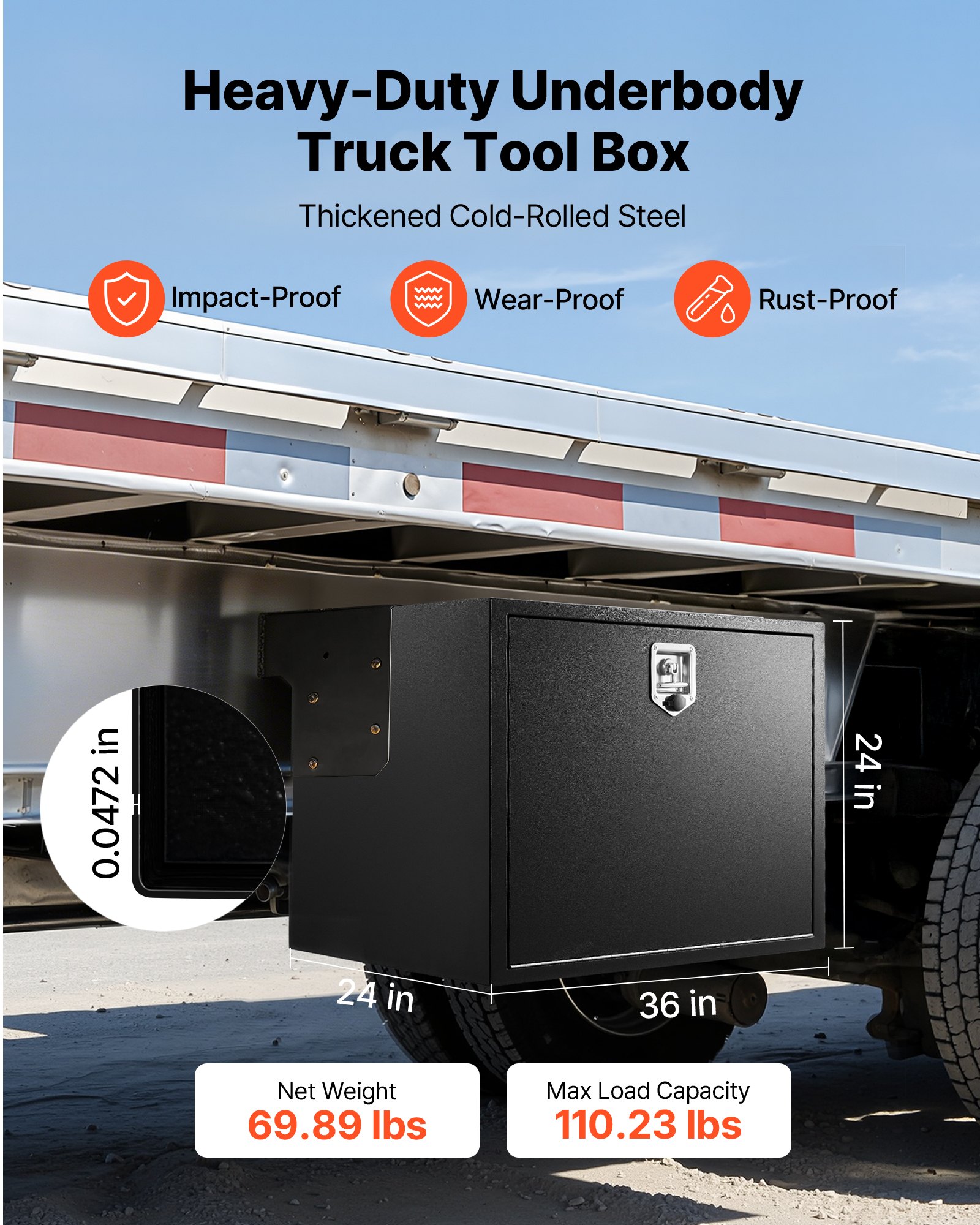 VEVOR Caja de Almacenaje para Camión 914x609x609 mm, Caja de Herramientas de Acero con Cerradura y Llaves, para Debajo de Carrocería del Camión, con Asa en T para Furgoneta, SUV, Camioneta, Negro
