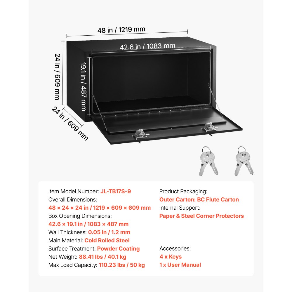 VEVOR Caja de Almacenaje para Camión 1219x457x457 mm, Caja de Herramientas de Acero con Cerradura y Llaves, para Debajo de Carrocería del Camión, con Asa en T para Furgoneta, SUV, Camioneta, Negro