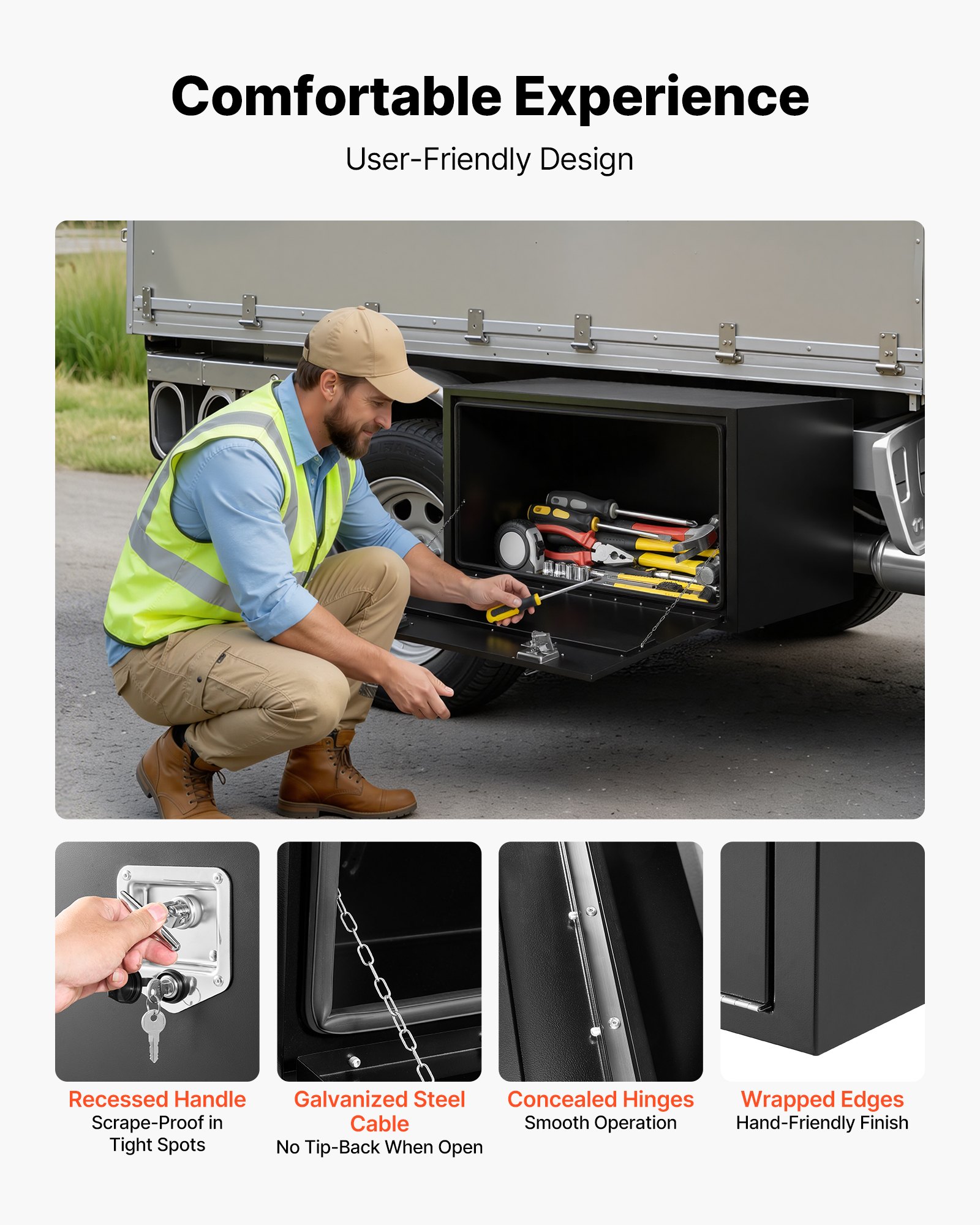 VEVOR Caja de Almacenaje para Camión 1219x457x457 mm, Caja de Herramientas de Acero con Cerradura y Llaves, para Debajo de Carrocería del Camión, con Asa en T para Furgoneta, SUV, Camioneta, Negro