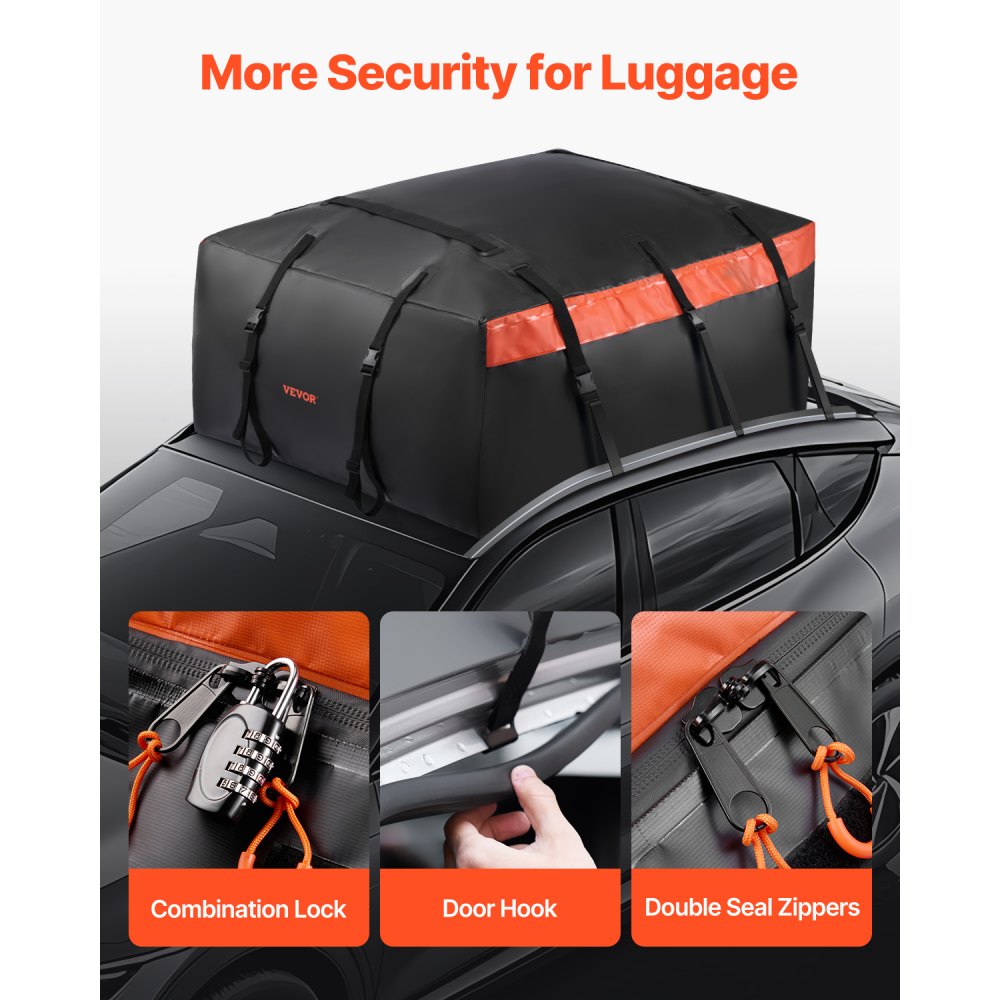 VEVOR Bolsa de Carga para Techo de Automóvil, 20 Pies Cúbicos, Resistente, 840D PVC, 100 % Impermeable, para Todos los Vehículos, con Cerradura, Tapete Antideslizante, 120 x 89 x 53,5 cm, Negro