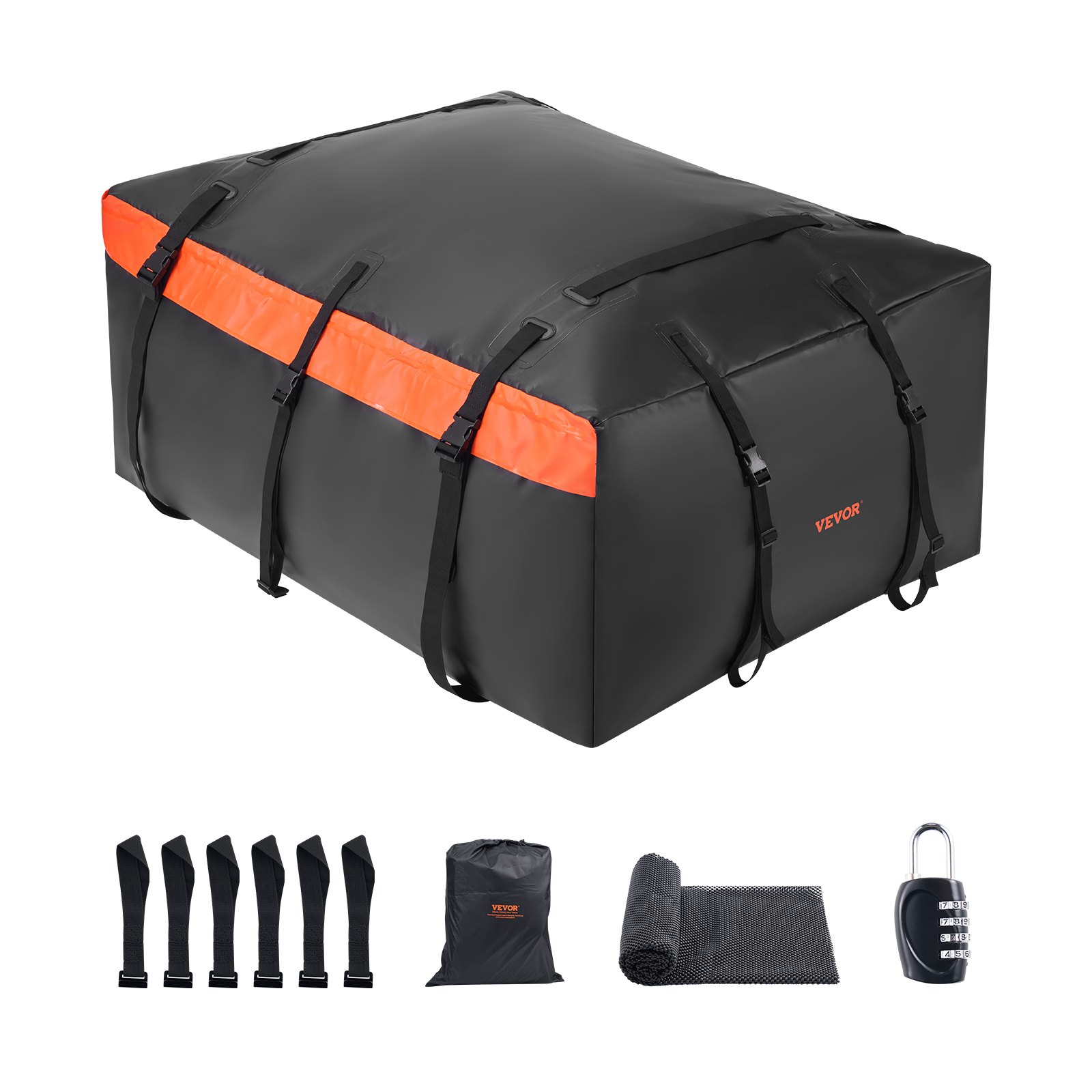 VEVOR Bolsa de Carga para Techo de Automóvil, 20 Pies Cúbicos, Resistente, 840D PVC, 100 % Impermeable, para Todos los Vehículos, con Cerradura, Tapete Antideslizante, 120 x 89 x 53,5 cm, Negro