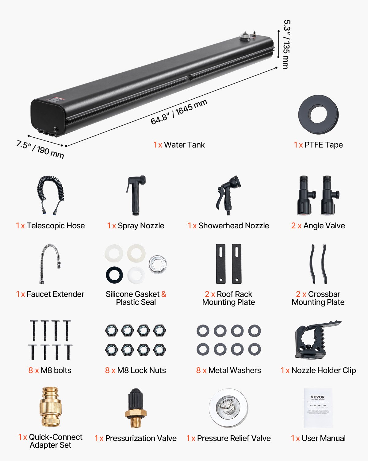 VEVOR Tanque de Agua para Portaequipajes de Techo, con Dispensación Múltiple con 2 Paneles de Protección contra Salpicaduras y Ranura en T, para Baúles, Barras Antivuelco, 30 L, 1645 x 190 x 135 mm