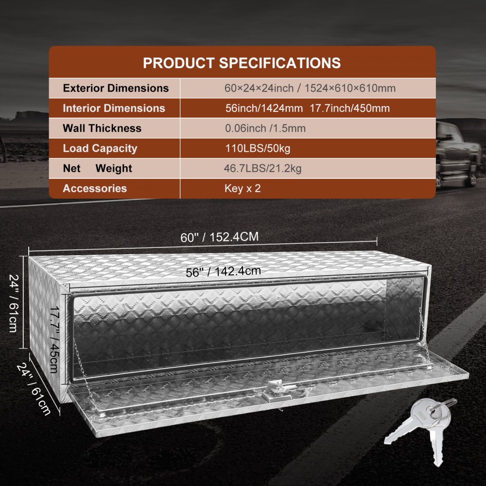 Caja de camión debajo de la carrocería VEVOR con puerta abierta, que muestra dimensiones, llaves y especificaciones del producto.