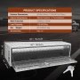Caja de camión debajo de la carrocería VEVOR con puerta abierta, que muestra dimensiones, llaves y especificaciones del producto.