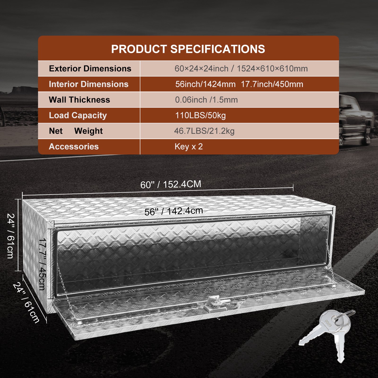 Caja de camión debajo de la carrocería VEVOR con puerta abierta, que muestra dimensiones, llaves y especificaciones del producto.