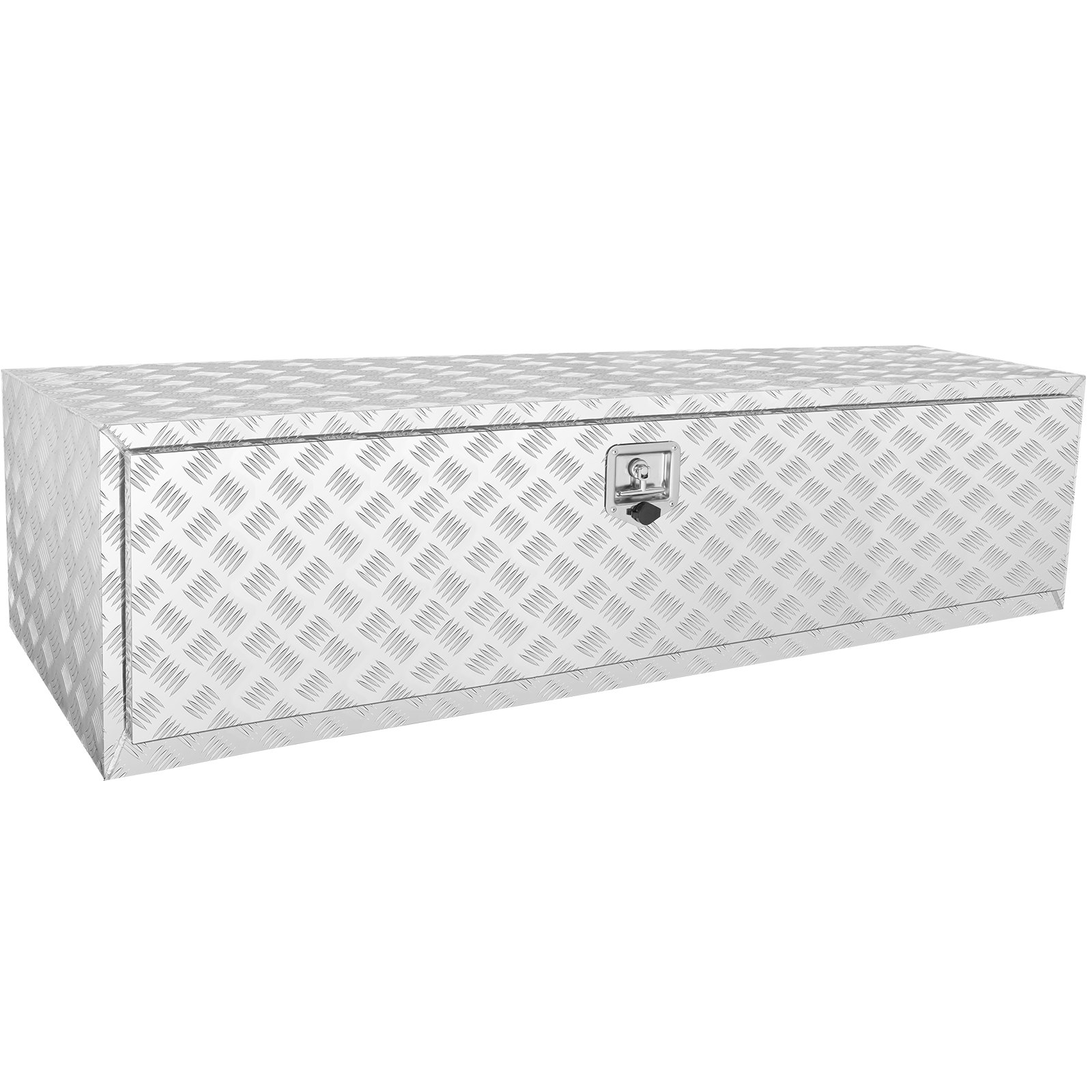 Caja para debajo de la carrocería del camión VEVOR con patrón de placa de diamante y manija de bloqueo segura, ideal para almacenamiento.
