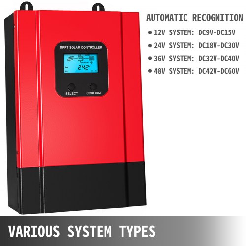 Controlador de Carga Solar 60A MPPT 12V/24V/36V/48V Sistema Máximo de Entrada PV 150VDC Pantalla LCD