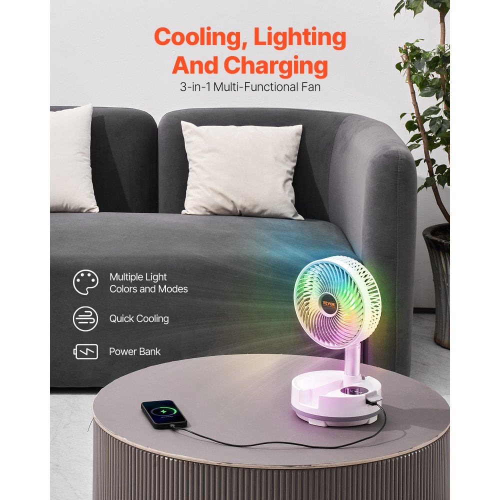 VEVOR Ventilador Oscilante Plegable y Recargable, 3 en 1, con Pilas y con Control Remoto, Silencioso, para Escritorio o Mesa, 8 Velocidades, Rotación Automática de 90 Grados, 200 x 200 x 580 mm