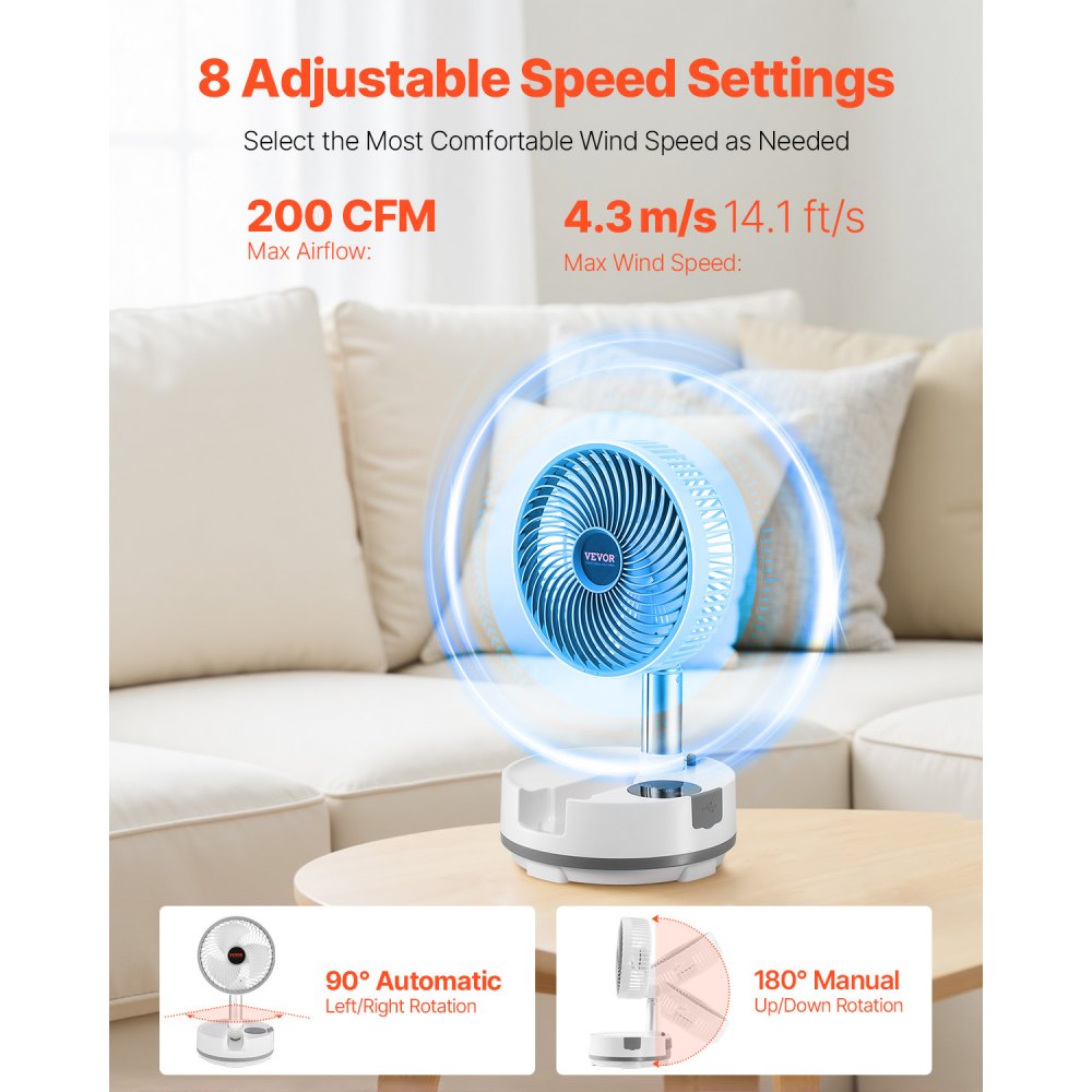 VEVOR Ventilador Oscilante Plegable y Recargable, 3 en 1, con Pilas y con Control Remoto, Silencioso, para Escritorio o Mesa, 8 Velocidades, Rotación Automática de 90 Grados, 200 x 200 x 580 mm