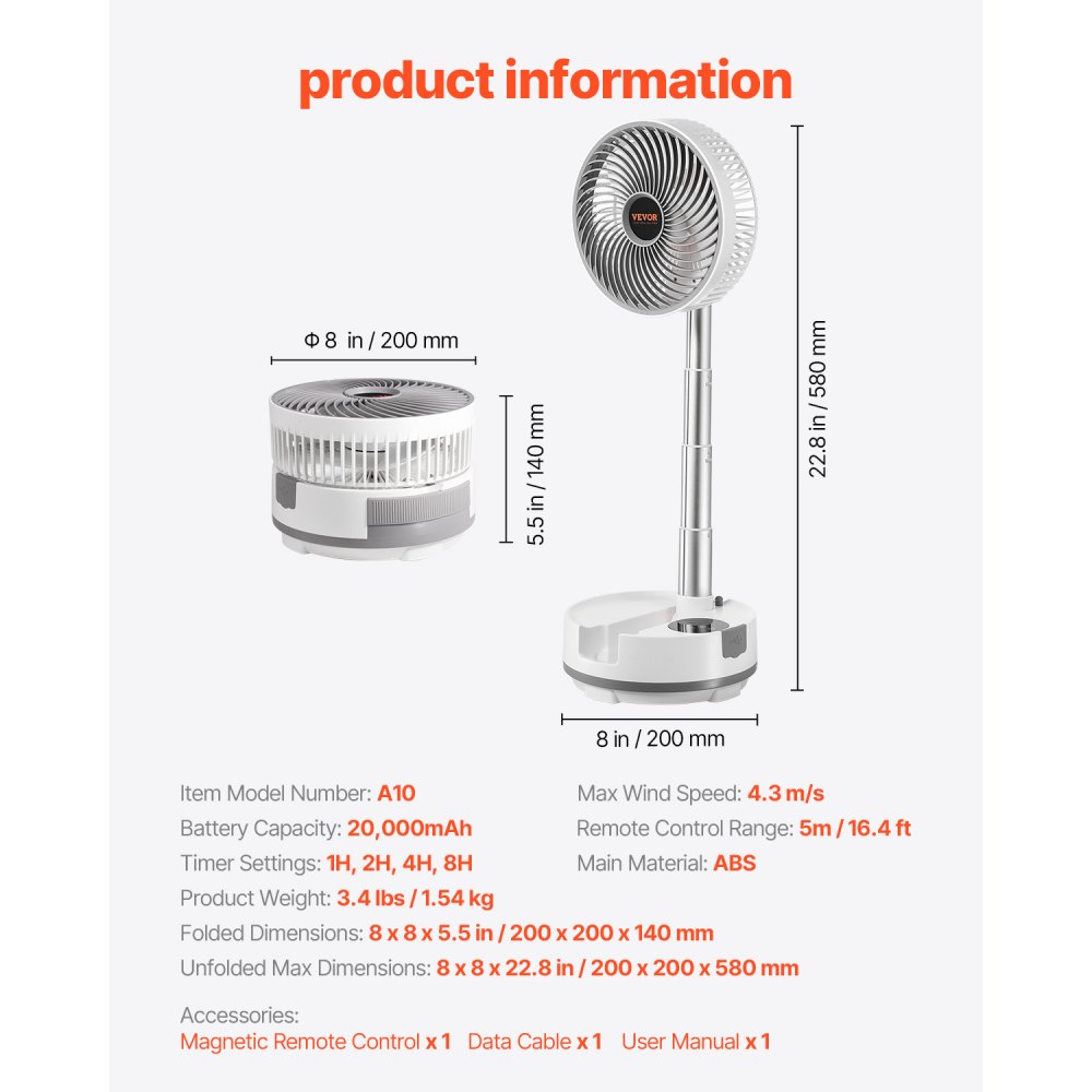 VEVOR Ventilador Oscilante Plegable y Recargable, 3 en 1, con Pilas y con Control Remoto, Silencioso, para Escritorio o Mesa, 8 Velocidades, Rotación Automática de 90 Grados, 200 x 200 x 580 mm