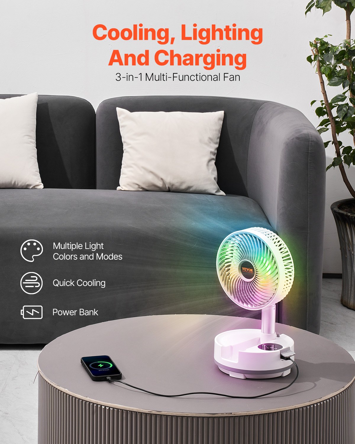 VEVOR Ventilador Oscilante Plegable y Recargable, 3 en 1, con Pilas y con Control Remoto, Silencioso, para Escritorio o Mesa, 8 Velocidades, Rotación Automática de 90 Grados, 200 x 200 x 580 mm