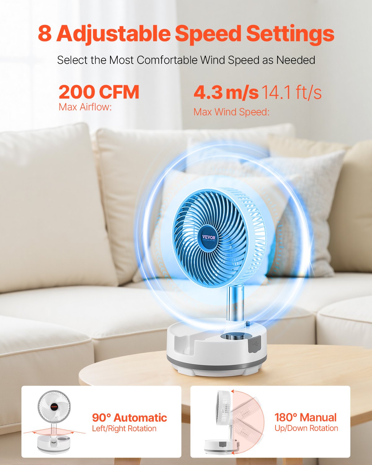 VEVOR Ventilador Oscilante Plegable y Recargable, 3 en 1, con Pilas y con Control Remoto, Silencioso, para Escritorio o Mesa, 8 Velocidades, Rotación Automática de 90 Grados, 200 x 200 x 580 mm