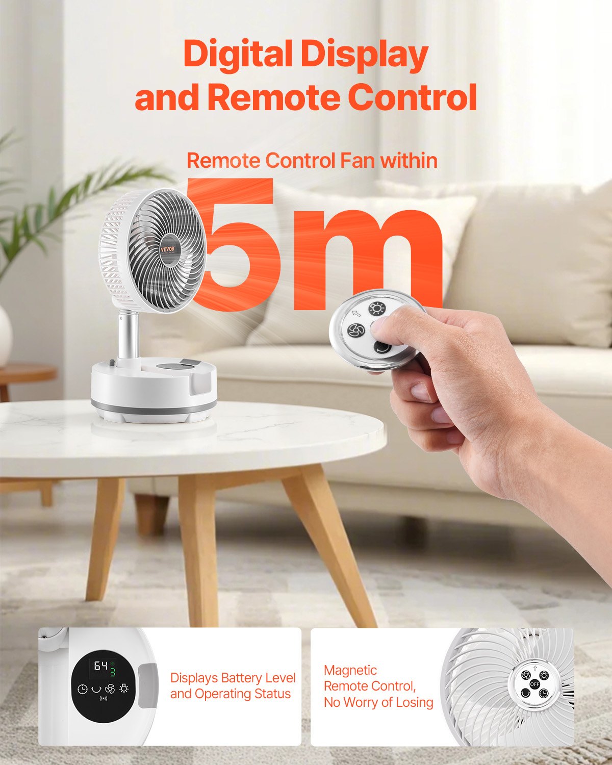 VEVOR Ventilador Oscilante Plegable y Recargable, 3 en 1, con Pilas y con Control Remoto, Silencioso, para Escritorio o Mesa, 8 Velocidades, Rotación Automática de 90 Grados, 200 x 200 x 580 mm