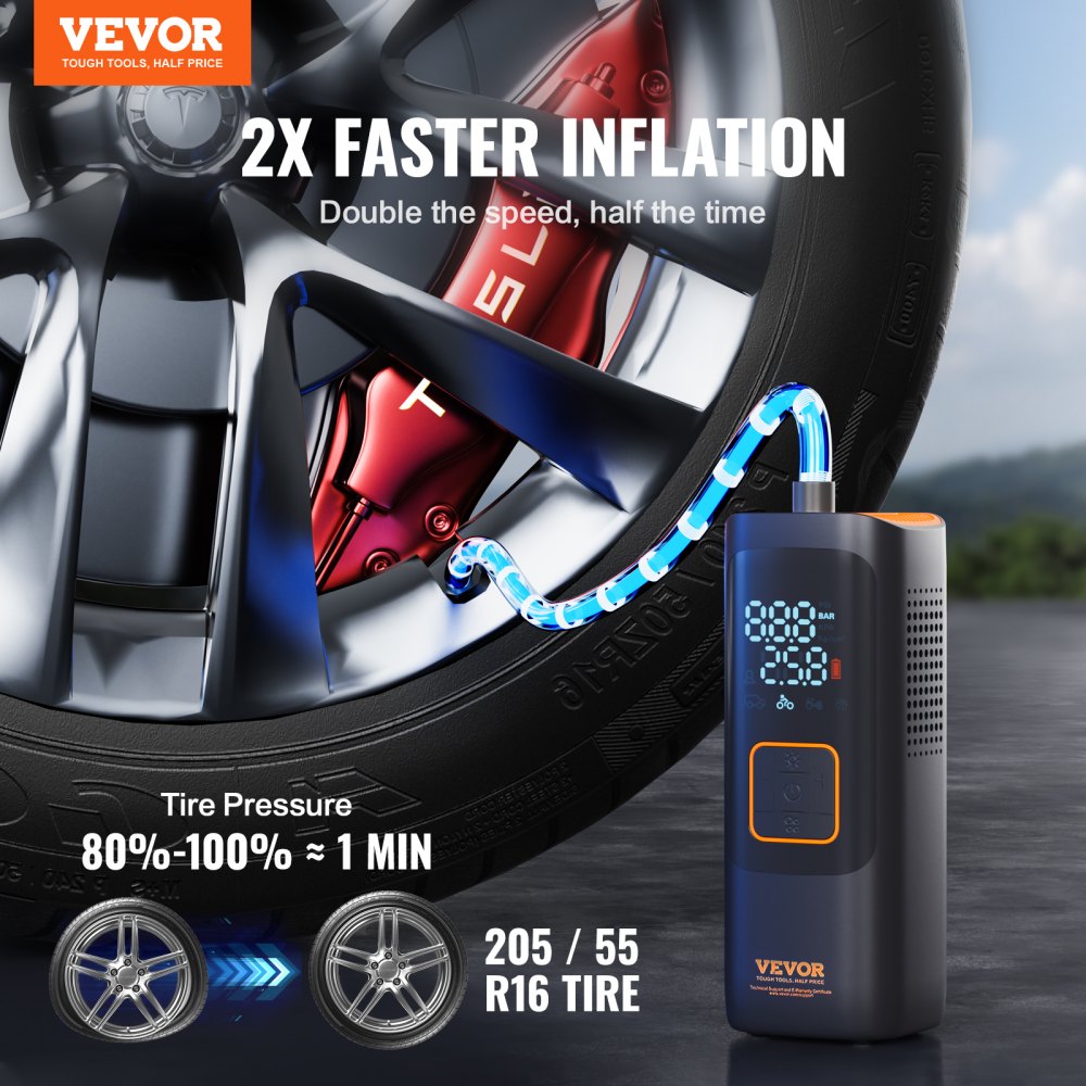 VEVOR Inflador de Neumáticos de Coche 7800mAh 3.7V, Compresor de Aire Portátil 11 Bar, 12 V CC, Apagado Automático con Manómetro LCD, Lámpara LED, Bomba Eléctrica para Bicicleta, Coches, Motocicletas
