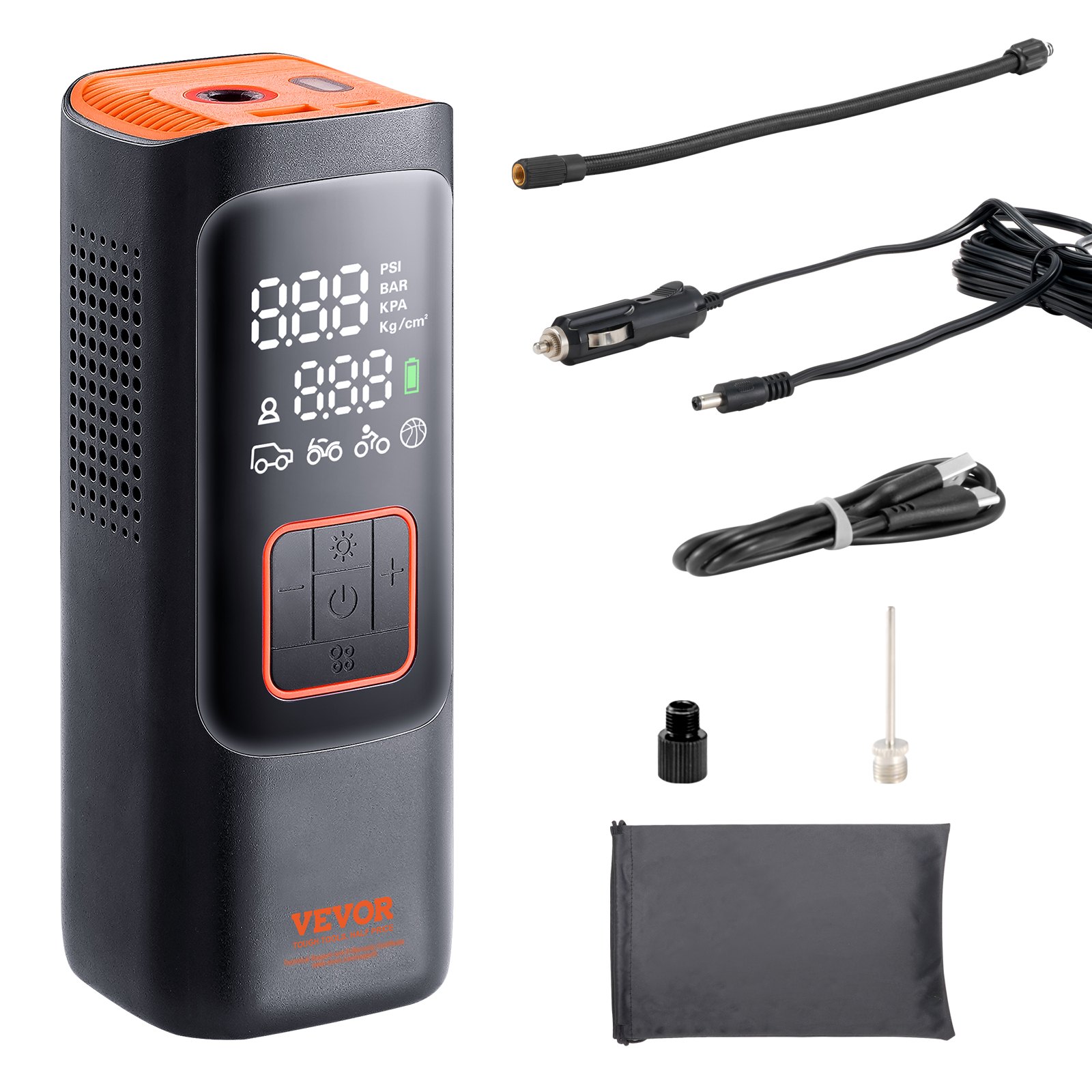 VEVOR Inflador de Neumáticos de Coche 7800mAh 3.7V, Compresor de Aire Portátil 11 Bar, 12 V CC, Apagado Automático con Manómetro LCD, Lámpara LED, Bomba Eléctrica para Bicicleta, Coches, Motocicletas