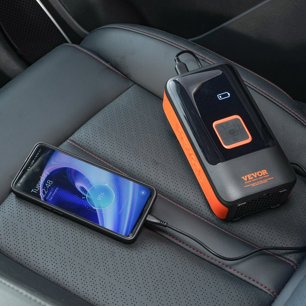 VEVOR Inflador de Neumáticos de Coche 12000 mAh, Compresor de Aire Portátil Doble Cilindro Inflado Rápido 30 s Apagado Automático Lámpara LED, Bomba Eléctrica para Bicicleta, Coches, Motocicletas