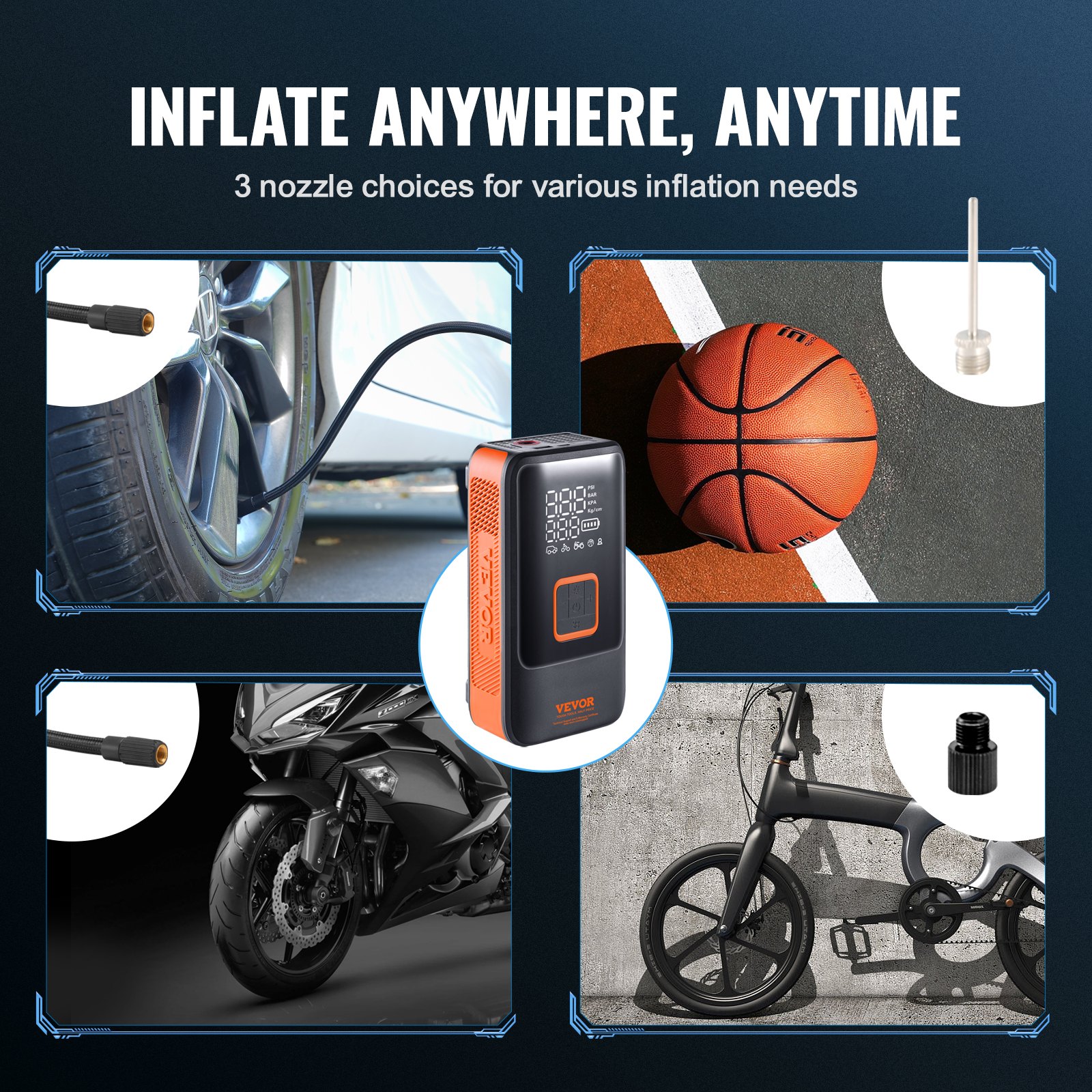 VEVOR Inflador de Neumáticos de Coche 12000 mAh, Compresor de Aire Portátil Doble Cilindro Inflado Rápido 30 s Apagado Automático Lámpara LED, Bomba Eléctrica para Bicicleta, Coches, Motocicletas