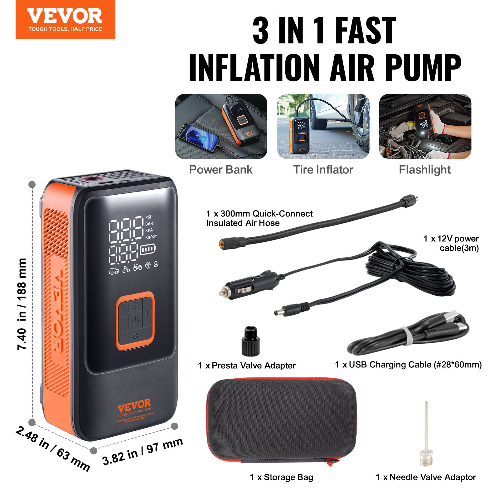 VEVOR Inflador de Neumáticos de Coche 12000 mAh, Compresor de Aire Portátil Doble Cilindro Inflado Rápido 30 s Apagado Automático Lámpara LED, Bomba Eléctrica para Bicicleta, Coches, Motocicletas