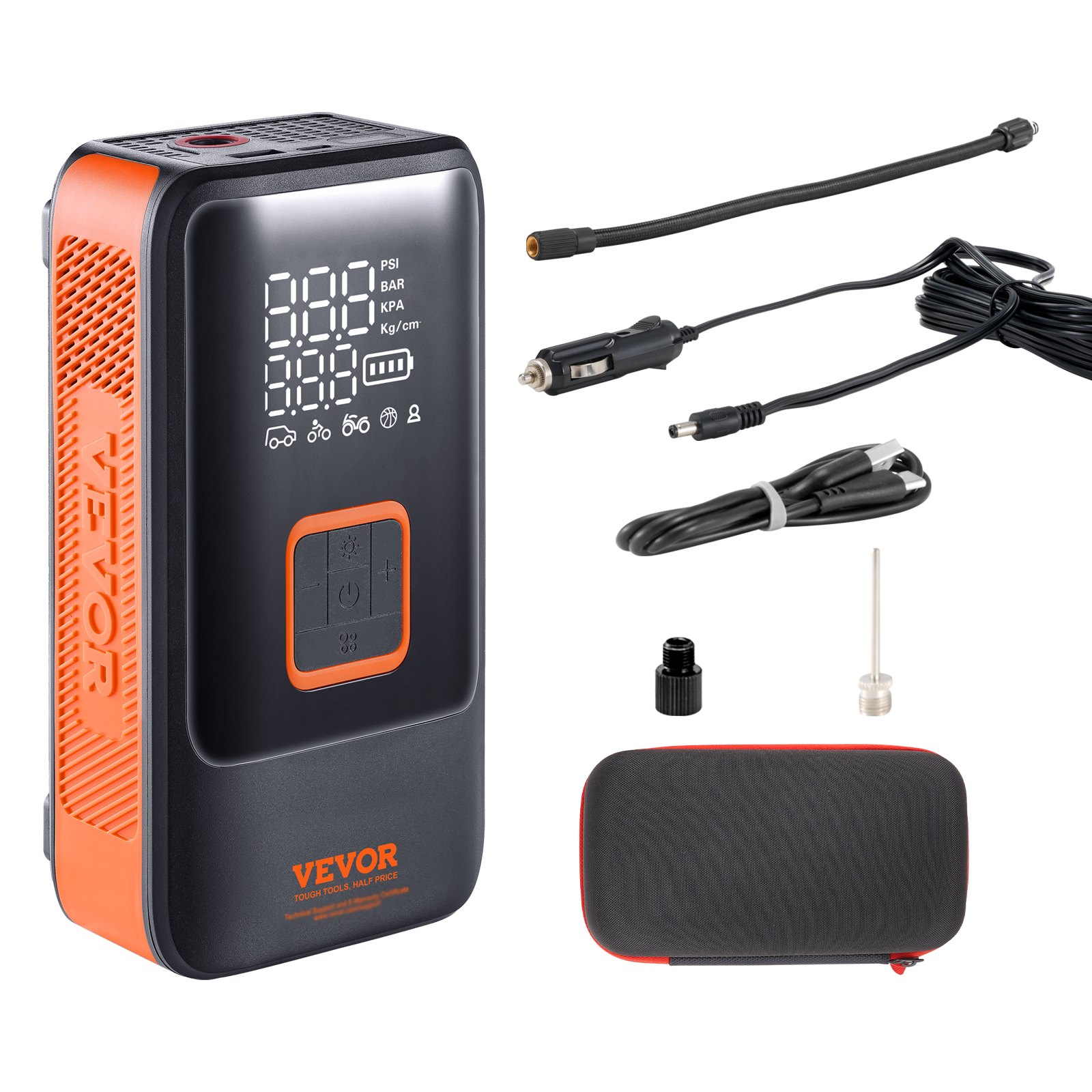VEVOR Inflador de Neumáticos de Coche 12000 mAh, Compresor de Aire Portátil Doble Cilindro Inflado Rápido 30 s Apagado Automático Lámpara LED, Bomba Eléctrica para Bicicleta, Coches, Motocicletas