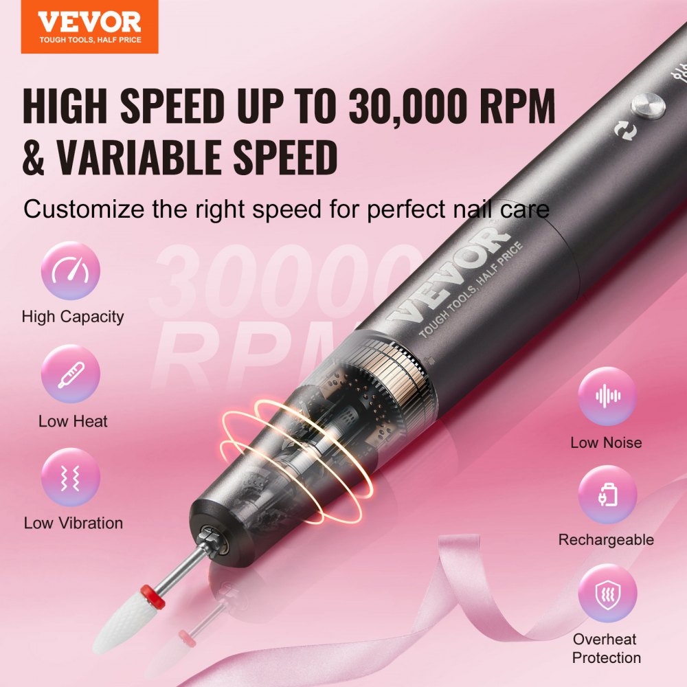 VEVOR Taladro de Uñas Eléctrico Inalámbrico, Máquina de Lima de Uñas Recargable de Velocidad Variable de 30.000 RPM, Pulidor de Pedicura de Manicura Portátil para Eliminación de Piel Muerta, Negro