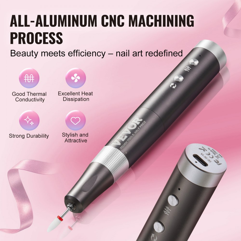 VEVOR Taladro de Uñas Eléctrico Inalámbrico, Máquina de Lima de Uñas Recargable de Velocidad Variable de 30.000 RPM, Pulidor de Pedicura de Manicura Portátil para Eliminación de Piel Muerta, Negro