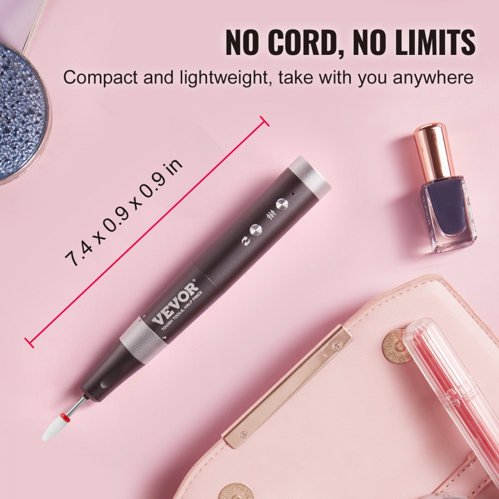 VEVOR Taladro de Uñas Eléctrico Inalámbrico, Máquina de Lima de Uñas Recargable de Velocidad Variable de 30.000 RPM, Pulidor de Pedicura de Manicura Portátil para Eliminación de Piel Muerta, Negro