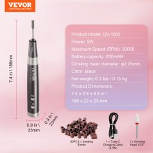 VEVOR Taladro de Uñas Inalámbrico Eléctrico Portátil de 188 x 23 x 23 mm Negro