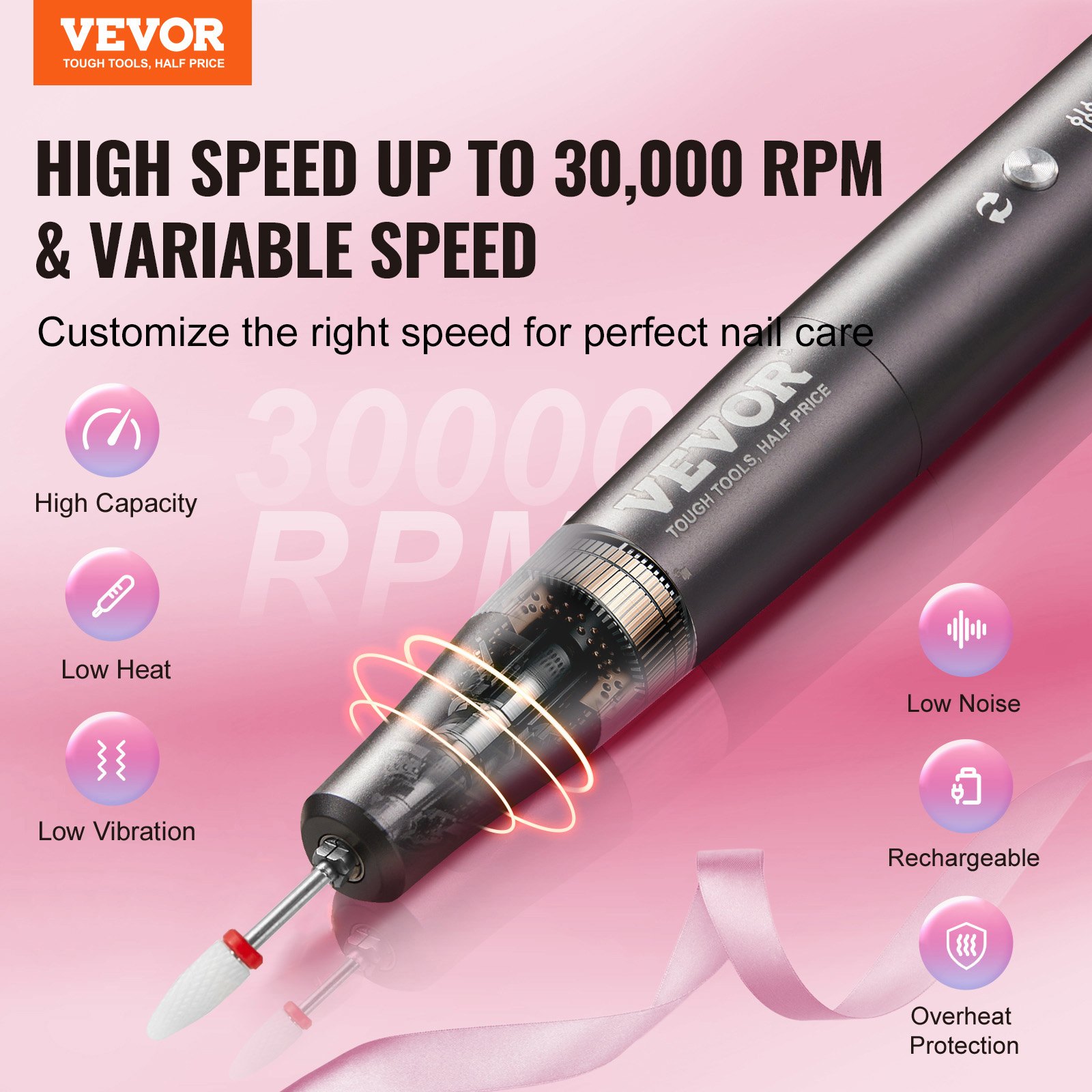 VEVOR Taladro de Uñas Eléctrico Inalámbrico, Máquina de Lima de Uñas Recargable de Velocidad Variable de 30.000 RPM, Pulidor de Pedicura de Manicura Portátil para Eliminación de Piel Muerta, Negro
