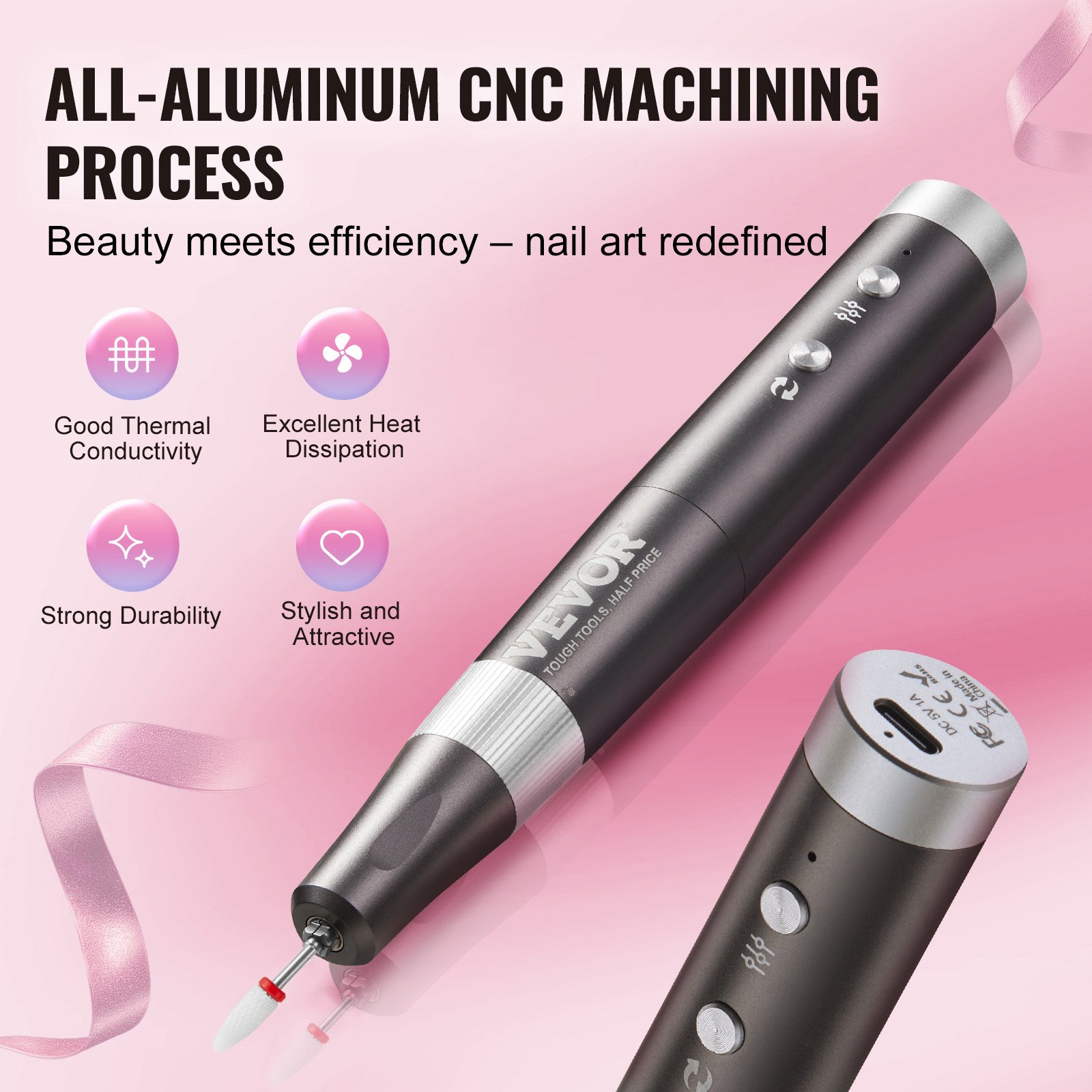 VEVOR Taladro de Uñas Eléctrico Inalámbrico, Máquina de Lima de Uñas Recargable de Velocidad Variable de 30.000 RPM, Pulidor de Pedicura de Manicura Portátil para Eliminación de Piel Muerta, Negro