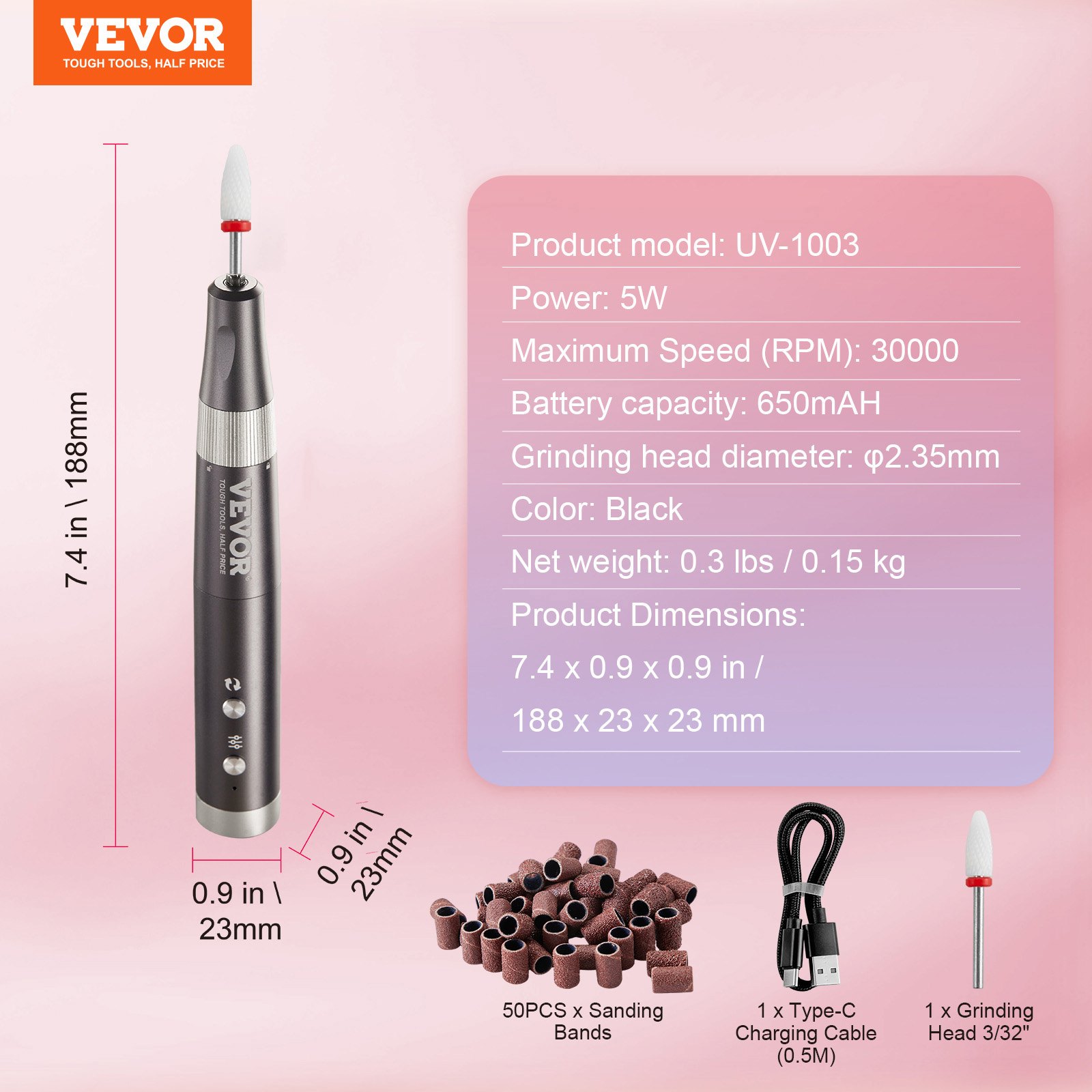 VEVOR Taladro de Uñas Eléctrico Inalámbrico, Máquina de Lima de Uñas Recargable de Velocidad Variable de 30.000 RPM, Pulidor de Pedicura de Manicura Portátil para Eliminación de Piel Muerta, Negro