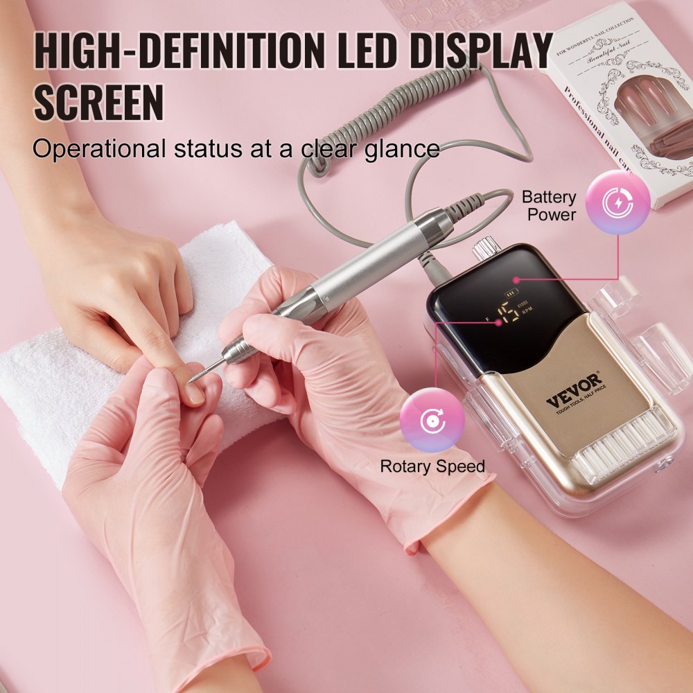 VEVOR Taladro de Uñas Eléctrico Inalámbrico con Motor sin Escobillas 35000 RRM y Base de Carga, Máquina de Lima de Uñas Recargable para Uñas de Gel Acrílico, Pulido de Manicura y Pedicura, Oro
