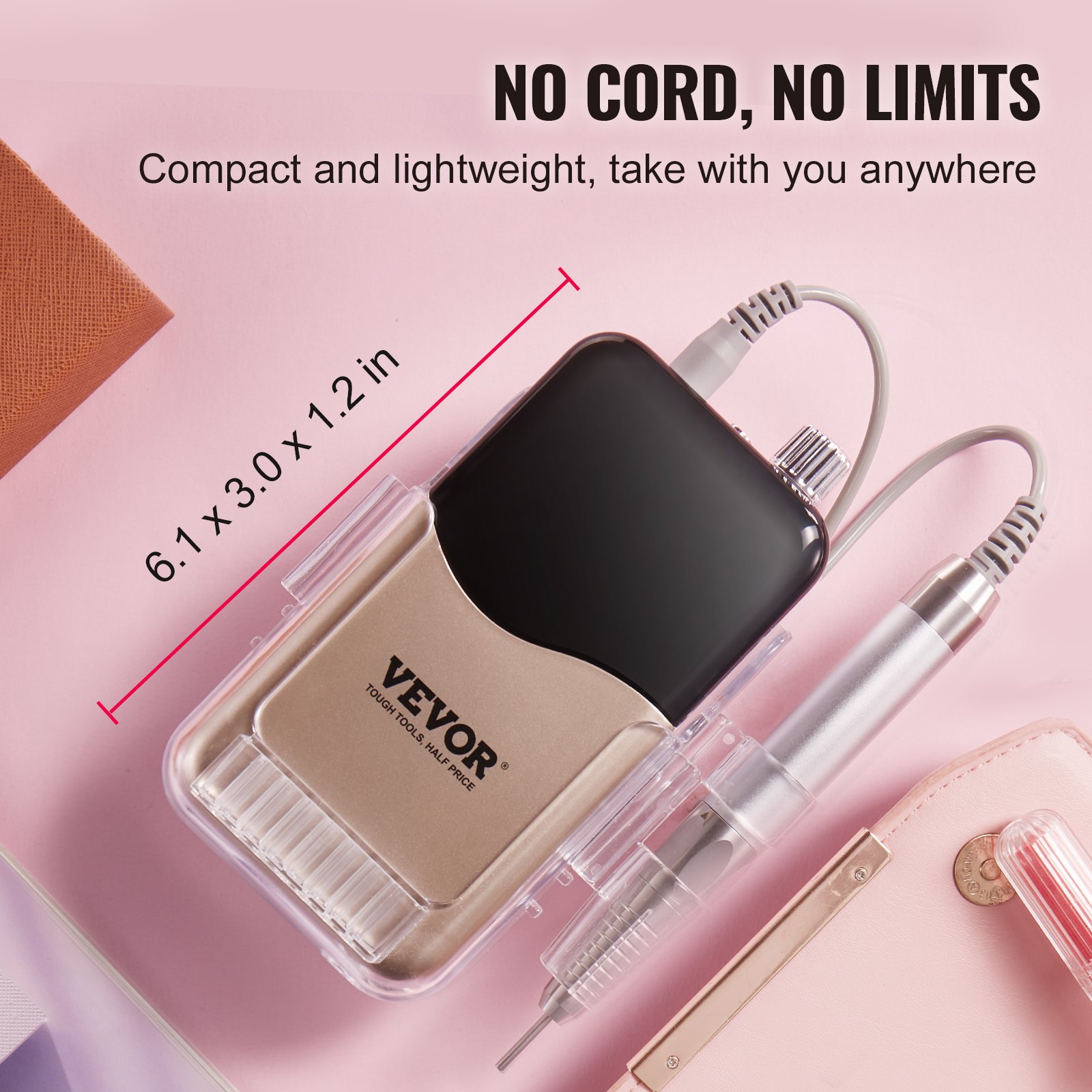 VEVOR Taladro de Uñas Eléctrico Inalámbrico con Motor sin Escobillas 35000 RRM y Base de Carga, Máquina de Lima de Uñas Recargable para Uñas de Gel Acrílico, Pulido de Manicura y Pedicura, Oro