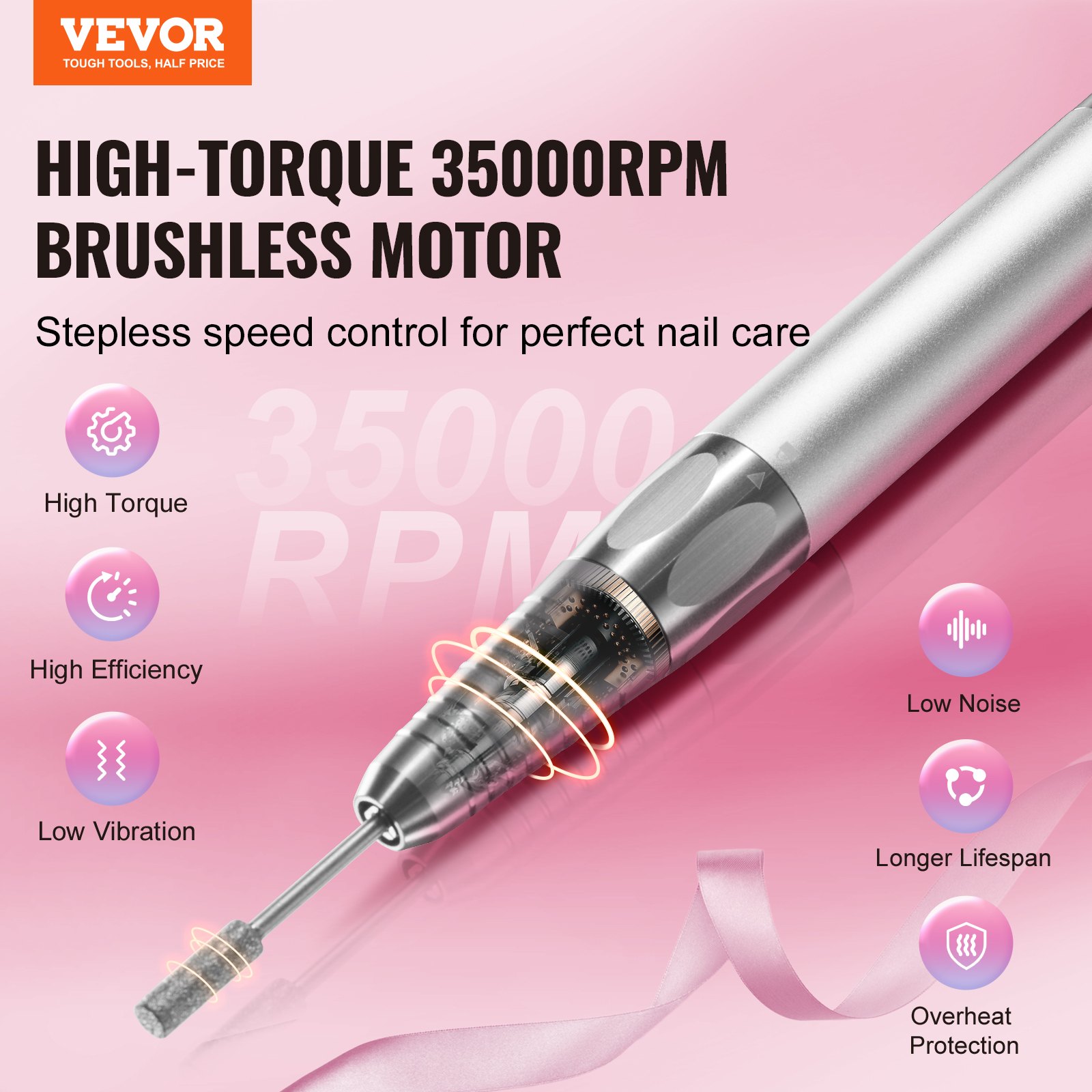 VEVOR Nail Drill with Brushless 35000 RPM High Torque Motor, Rechargeable Electric Nail File Machine with 6 Bits and 50-Piece Sanding Belt for Acrylic Gel Nails, Manicure-Pedicure Tool