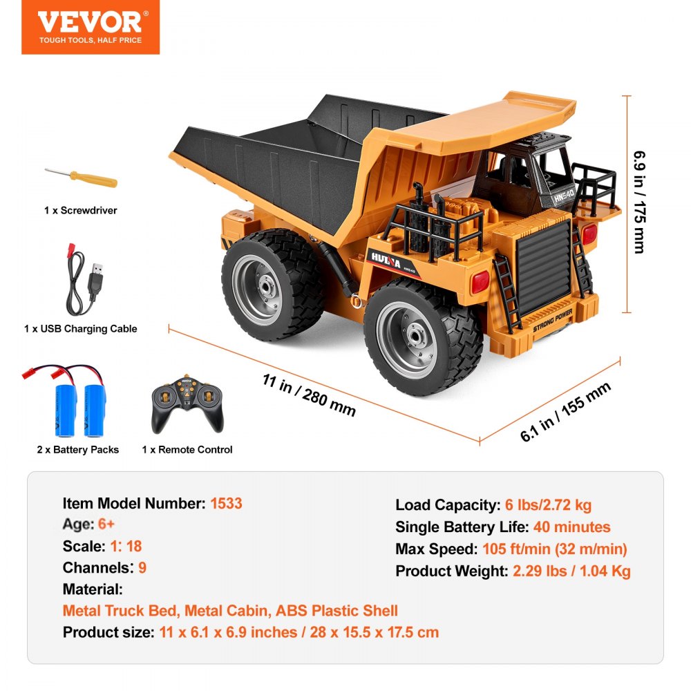 VEVOR Camión Volquete Control Remoto 9 Canales Camión Volquete RC 1:18 Vehículo de Construcción de Juguete Cabina de Metal Carga de 2,72 kg, Luz, 2 Baterías Recargables, para Niños Más de 8 Años