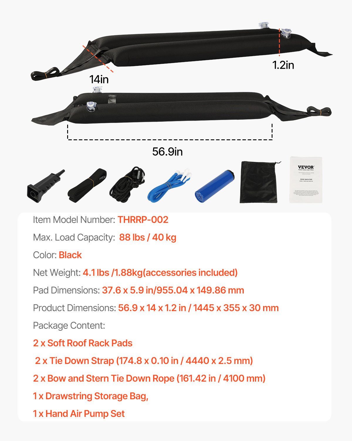 VEVOR Almohadillas Inflables Universales para Portaequipajes de Coche 95,5 cm Carga 40 kg con Correas de Amarre, Cuerdas, Bomba de Aire Manual, Bolsa de Almacenamiento para Canoas, Tablas de Surf