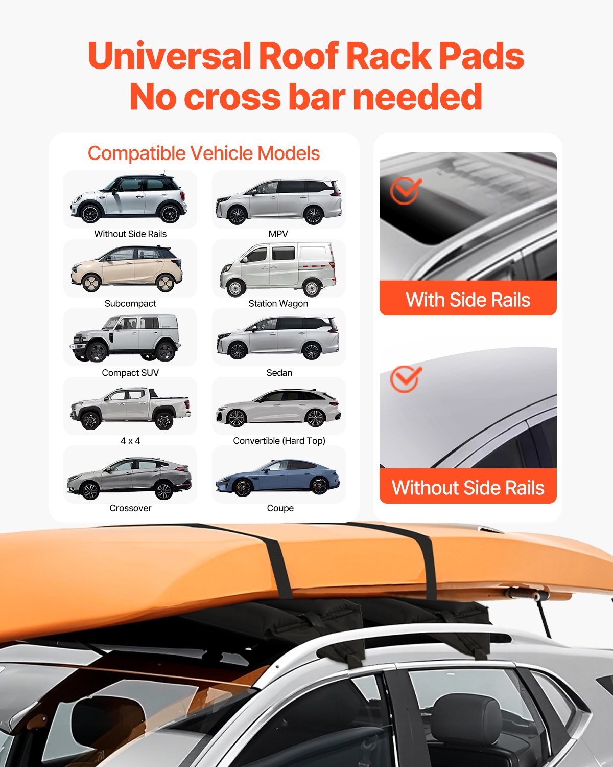 VEVOR Inflatable Soft Roof Rack Pads, 95 cm Universal Car Roof Rack Pads, 40 kg Load Capacity Kayak Carrier with 2 Tie-Down Straps & Ropes & Hand Air Pump for Canoes, Surfboards, and SUPs