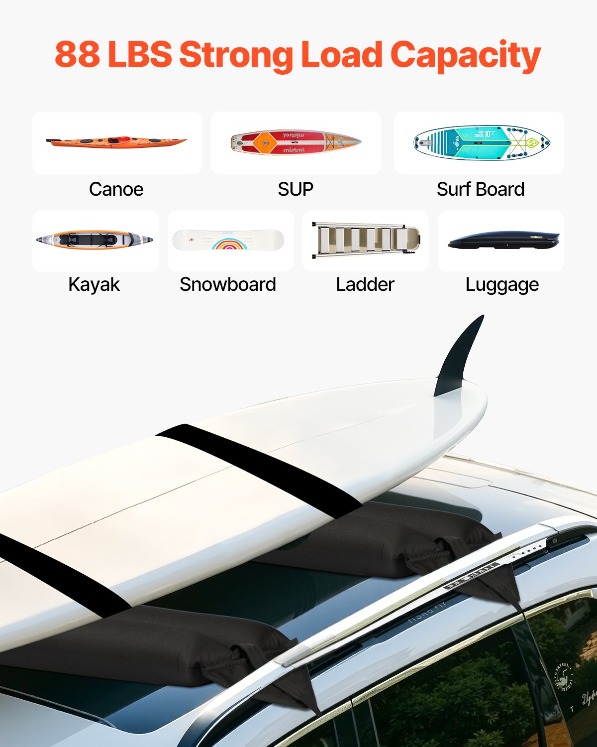 VEVOR Inflatable Soft Roof Rack Pads, 95 cm Universal Car Roof Rack Pads, 40 kg Load Capacity Kayak Carrier with 2 Tie-Down Straps & Ropes & Hand Air Pump for Canoes, Surfboards, and SUPs