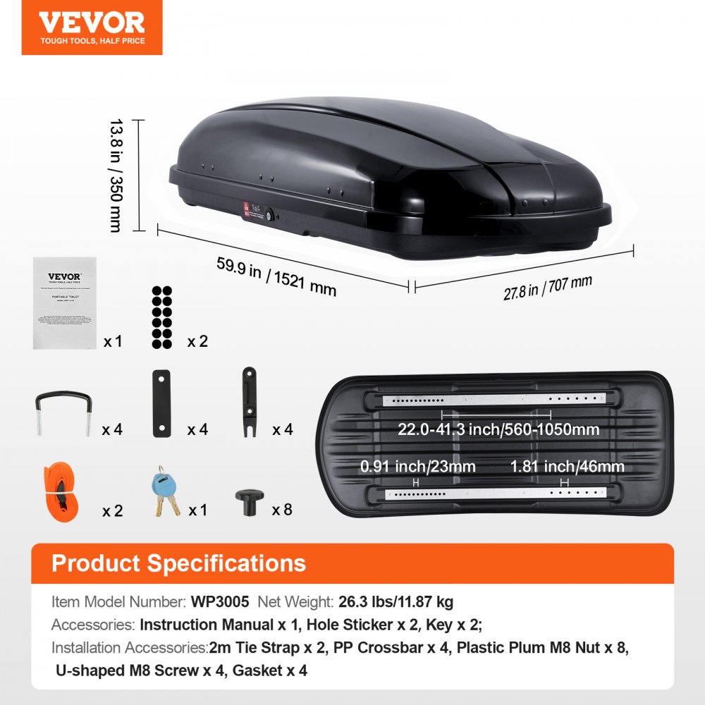 VEVOR Cofre de Techo 220 L Portaequipajes de Techo Rígido de ABS con Apertura de Doble Cara 2 Correas Reforzadas Aerodinámico Maletero Techo Coche para la Mayoría de Travesaños, Coche, SUV, Negro