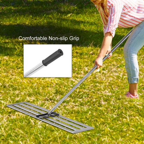 VEVOR Rastrillo de Nivelación de Césped 76,2 x 25,4 cm Nivelador de Césped de Jardín de Golf Acero Inoxidable Herramienta Niveladora de Césped con Poste 195 cm Rastrillo para Nivelar Césped Patio