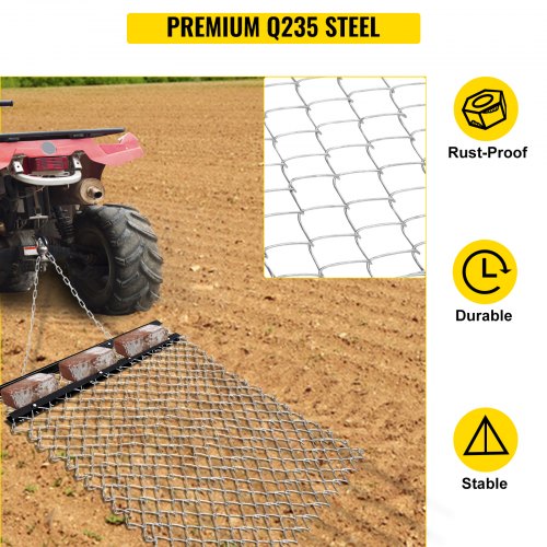 VEVOR Rastrillo de Nivelación de Césped 1,2 x 1,5 m Nivelador de Césped Acero Q235 Rastra de Arrastre de Cadena 2,2 m con Bandeja Herramienta Niveladora para Caminos de Grava Patios de Recreo Terrazas