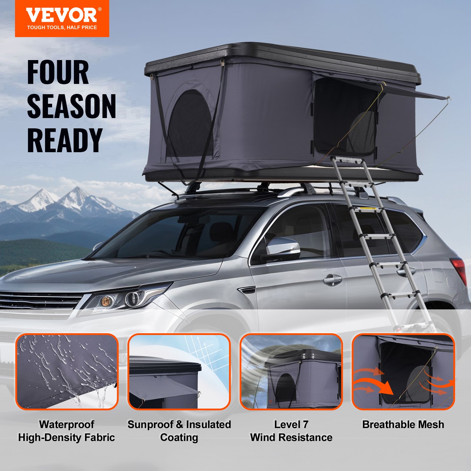 Tienda de techo rígida VEVOR, tienda de techo rígida Naturnest para 2 o 3 personas, tienda de techo rígida con escalera telescópica y colchón grueso, impermeable y resistente al viento para camionetas Jeep, SUV y furgonetas