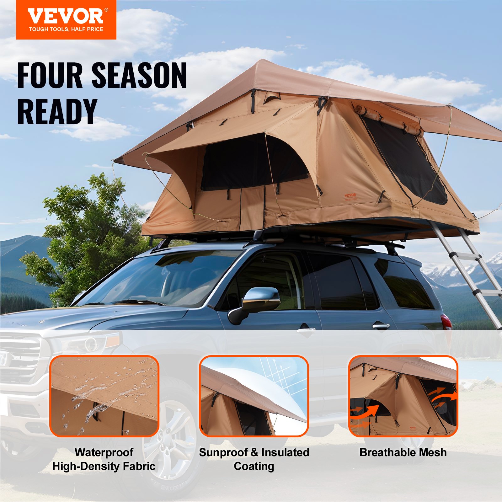 VEVOR Roof Tent with Hard Shell, Car Tent for 2-3 People, Foldable Hard Shell Roof Tent with Telescopic Ladder (150 kg Load Capacity), Mattress, Made of Waterproof Oxford Fabric for Jeep SUV Van Pickup