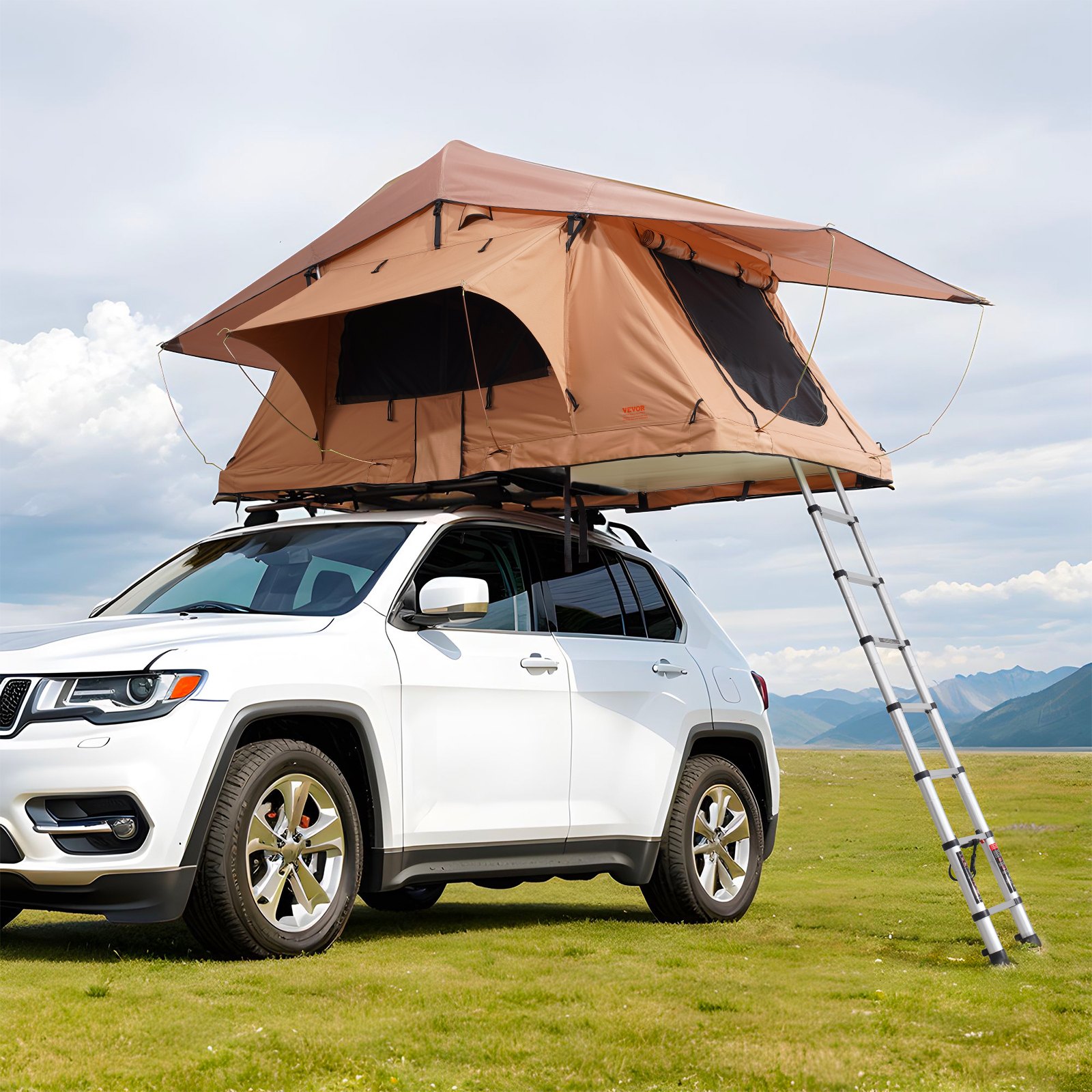 VEVOR Roof Tent with Hard Shell, Car Tent for 2-3 People, Foldable Hard Shell Roof Tent with Telescopic Ladder (150 kg Load Capacity), Mattress, Made of Waterproof Oxford Fabric for Jeep SUV Van Pickup