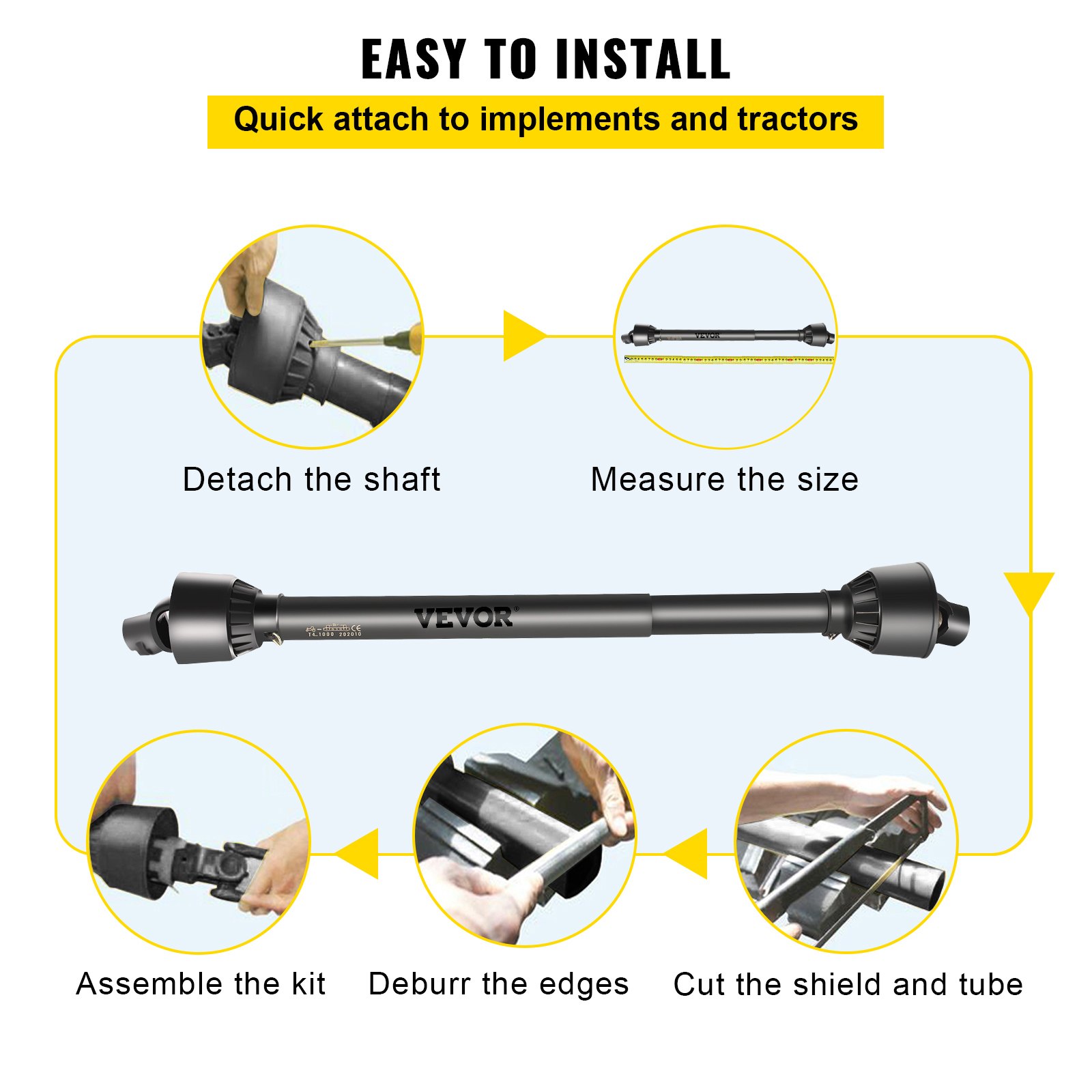 VEVOR Eje de Transmisión T4 para Tractor, Eje de Toma de Fuerza de 34,9 mm, 6 Estrías, Extensible de 1100 a 1550 mm, para Cortacéspedes, Desbrozadoras, Motocultores, Abonadoras