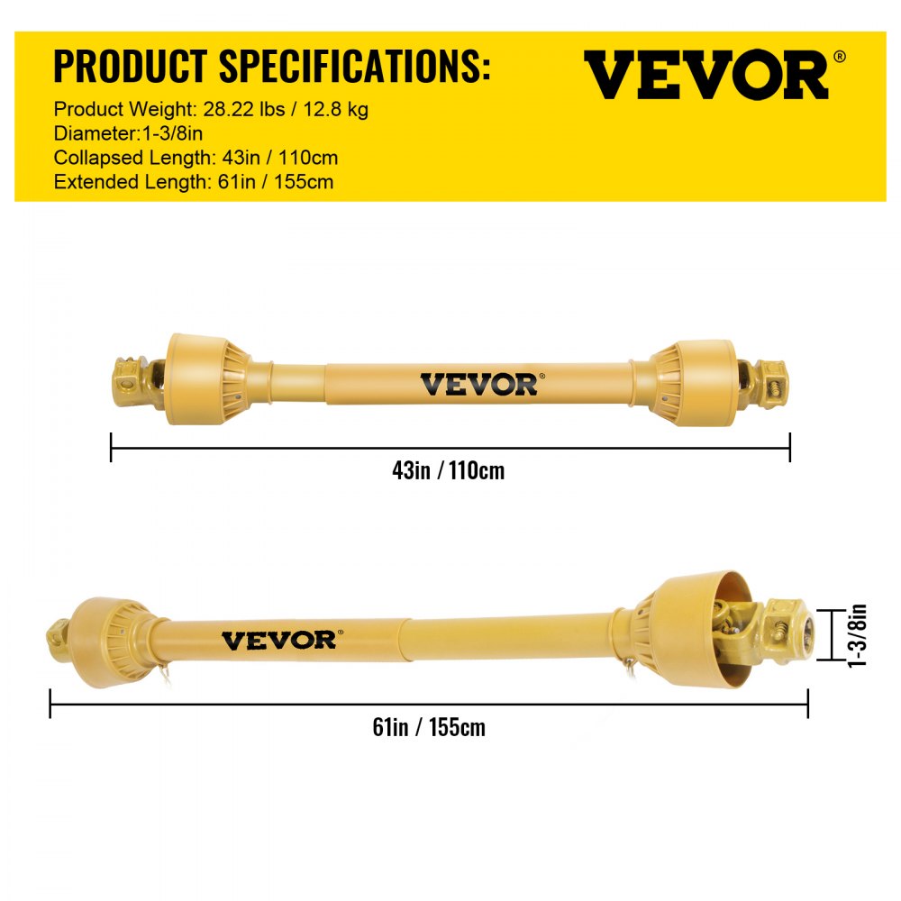 VEVOR Eje de Transmisión 1 3/8" 6 Dientes T4 Toma de Fuerza Cardán de 43"-61"