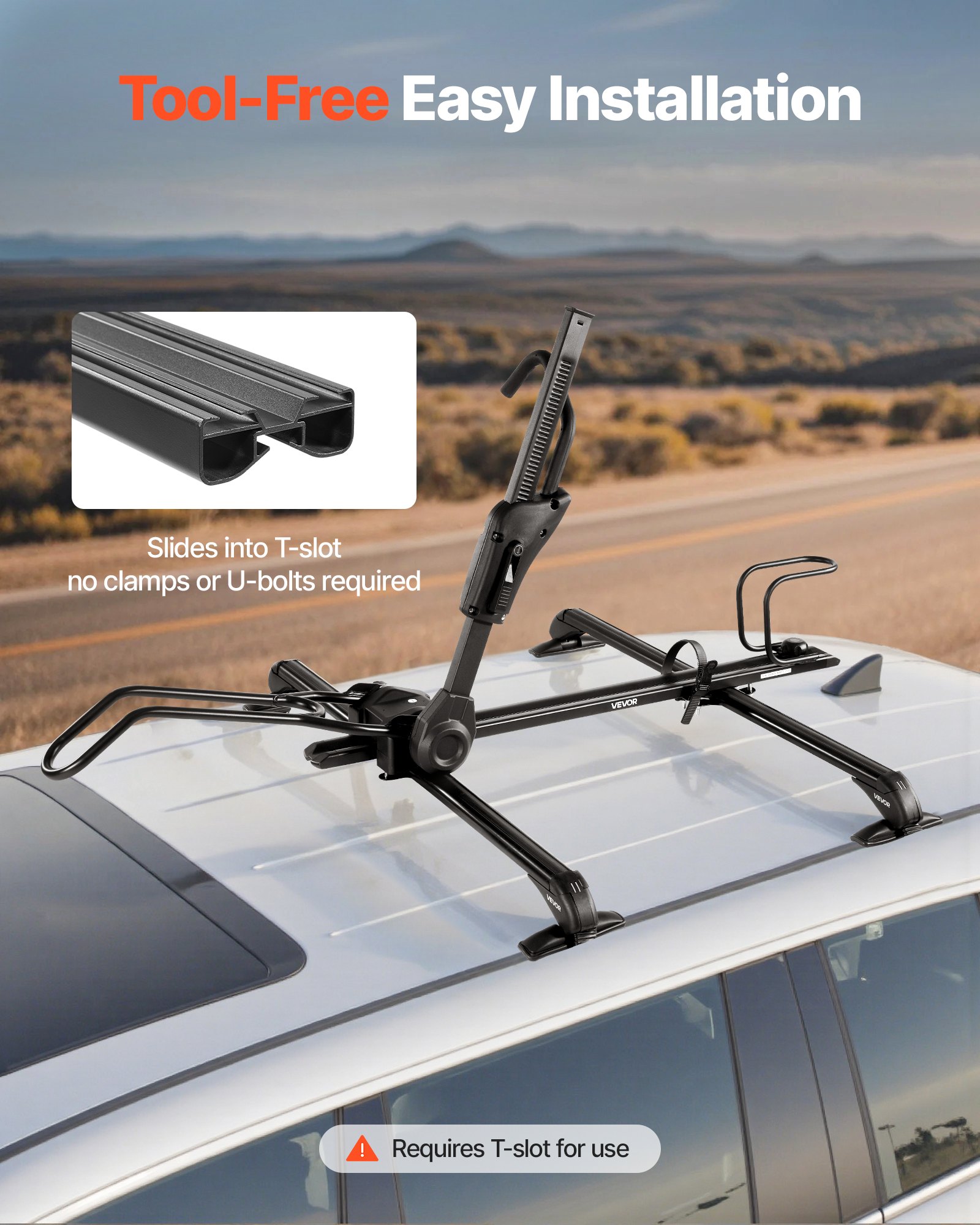 VEVOR Portabicicletas Vertical Plegable, con Sistema de Bloqueo y Brazo Ajustable para Barras Transversales con Ranura en T, para Coche, SUV, Carga 15 kg, Color Negro, para Rueda de 508 a 737 mm