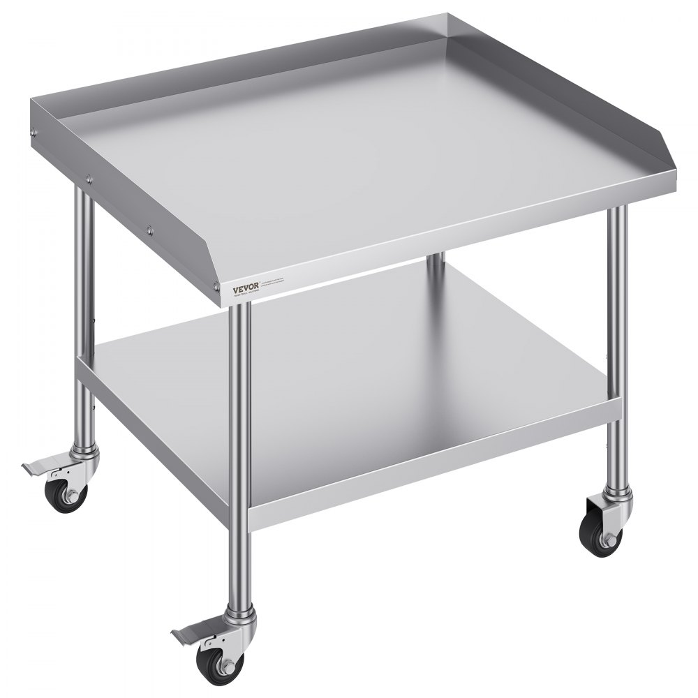 Mesa de trabajo de acero inoxidable VEVOR con estante inferior y ruedas giratorias para uso en cocina industrial.